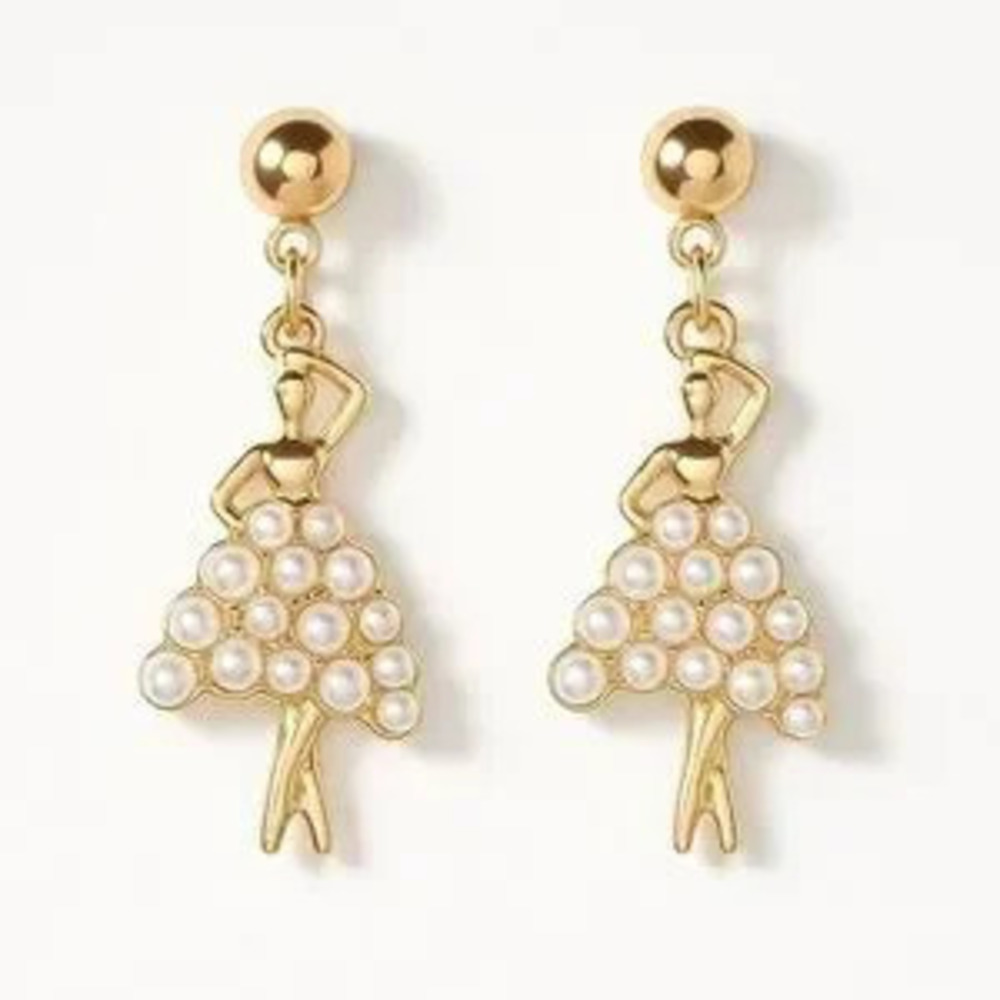 ?? ?? Elegant Ballerina Gold and Pearl Stud Earrings ??